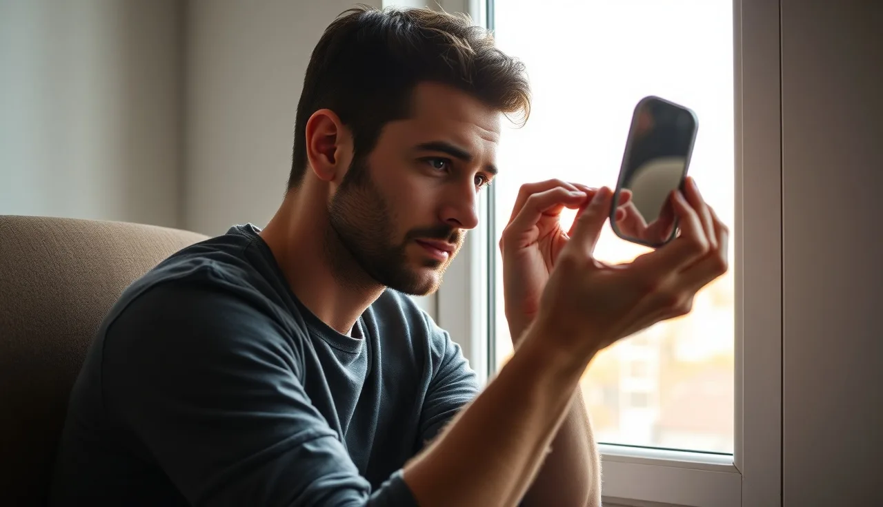 Man examining his hairline in a mirror near a sunlit window