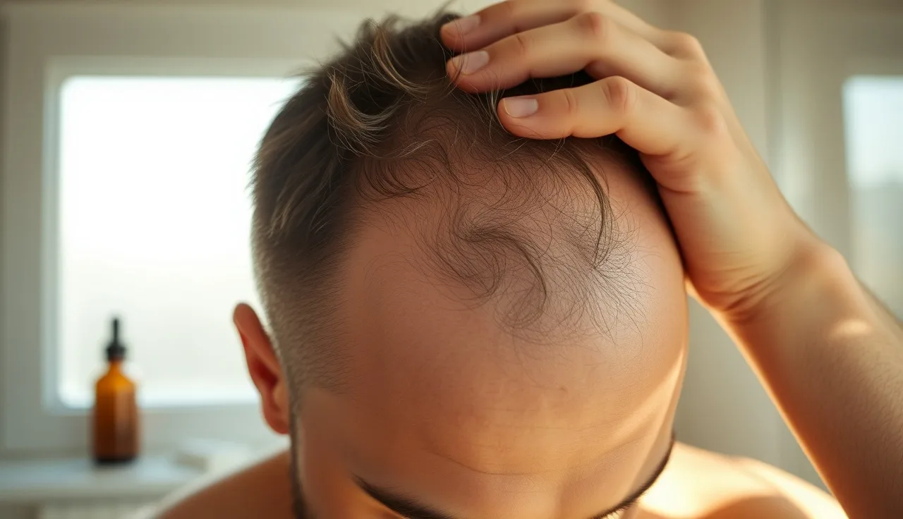 Man examining thinning crown hair under bathroom light with minoxidil dropper nearby