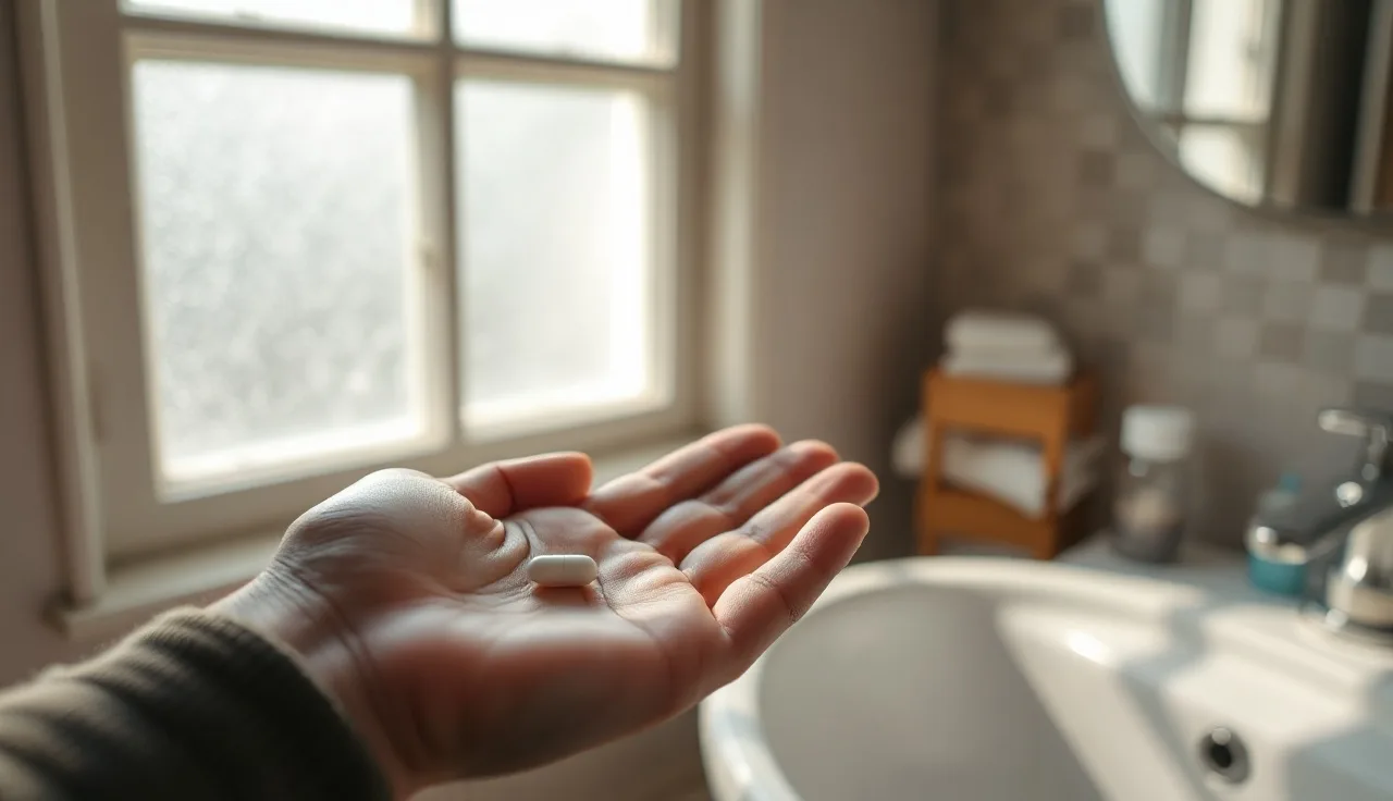 A single white finasteride pill resting on a man's open palm in soft morning light