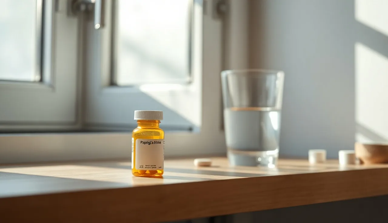 Prescription pill bottle on bathroom shelf illustrating oral finasteride side effects