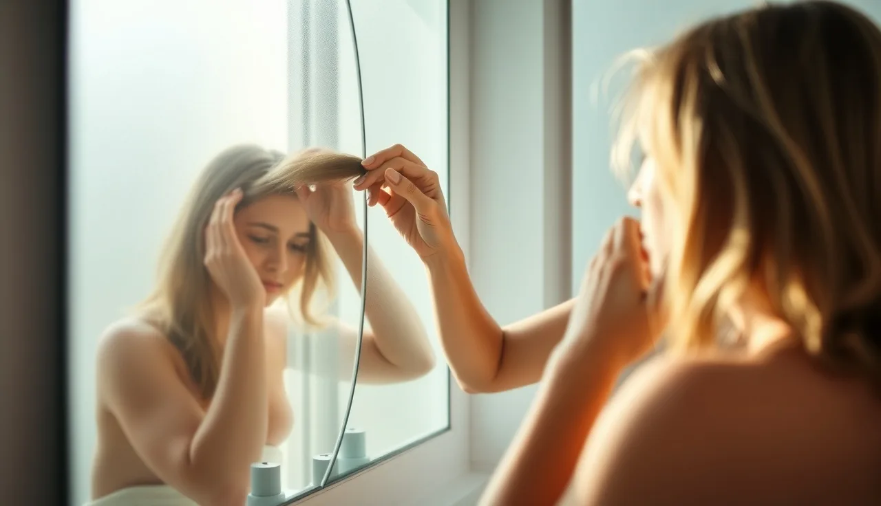 Woman examining her hair part in bathroom mirror for hair loss