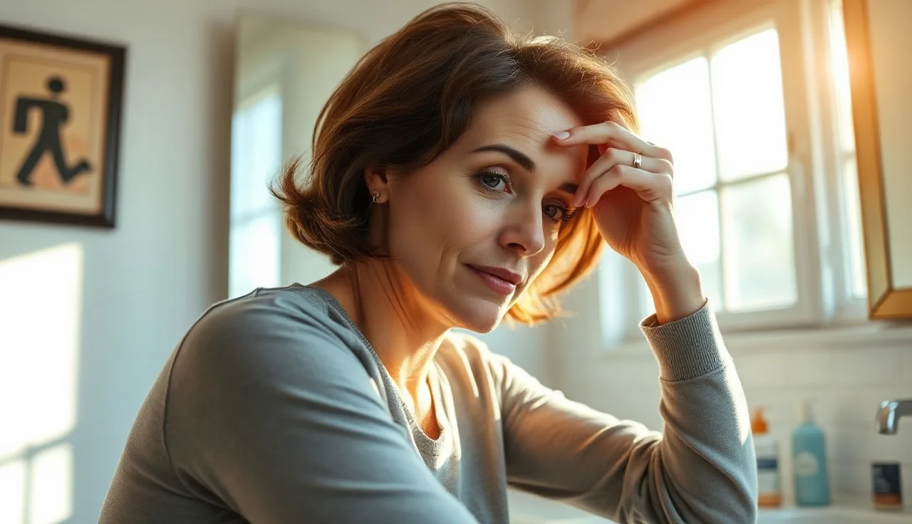 Woman examining hair parting in a sunlit bathroom mirror for hair loss