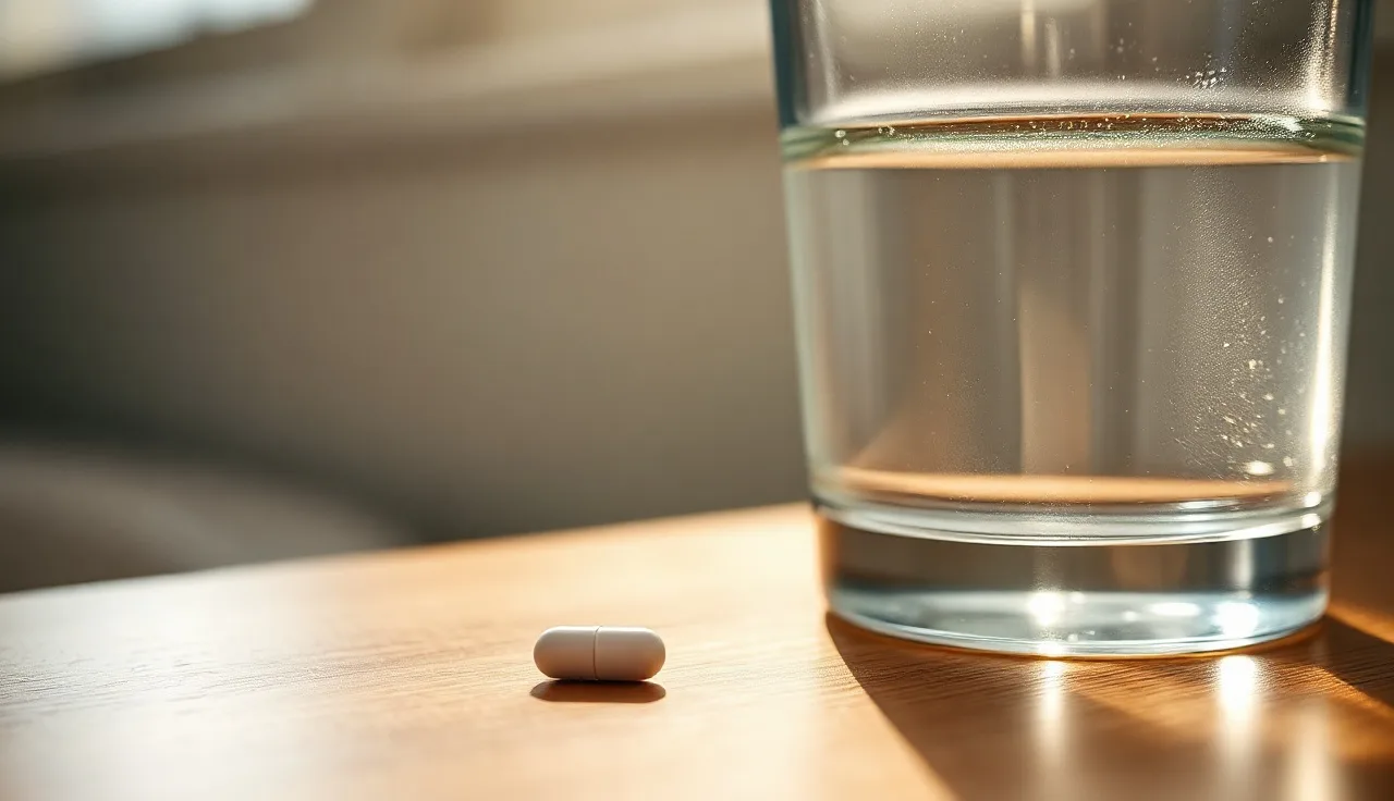 Single white oral minoxidil tablet on a wooden bathroom counter in morning light