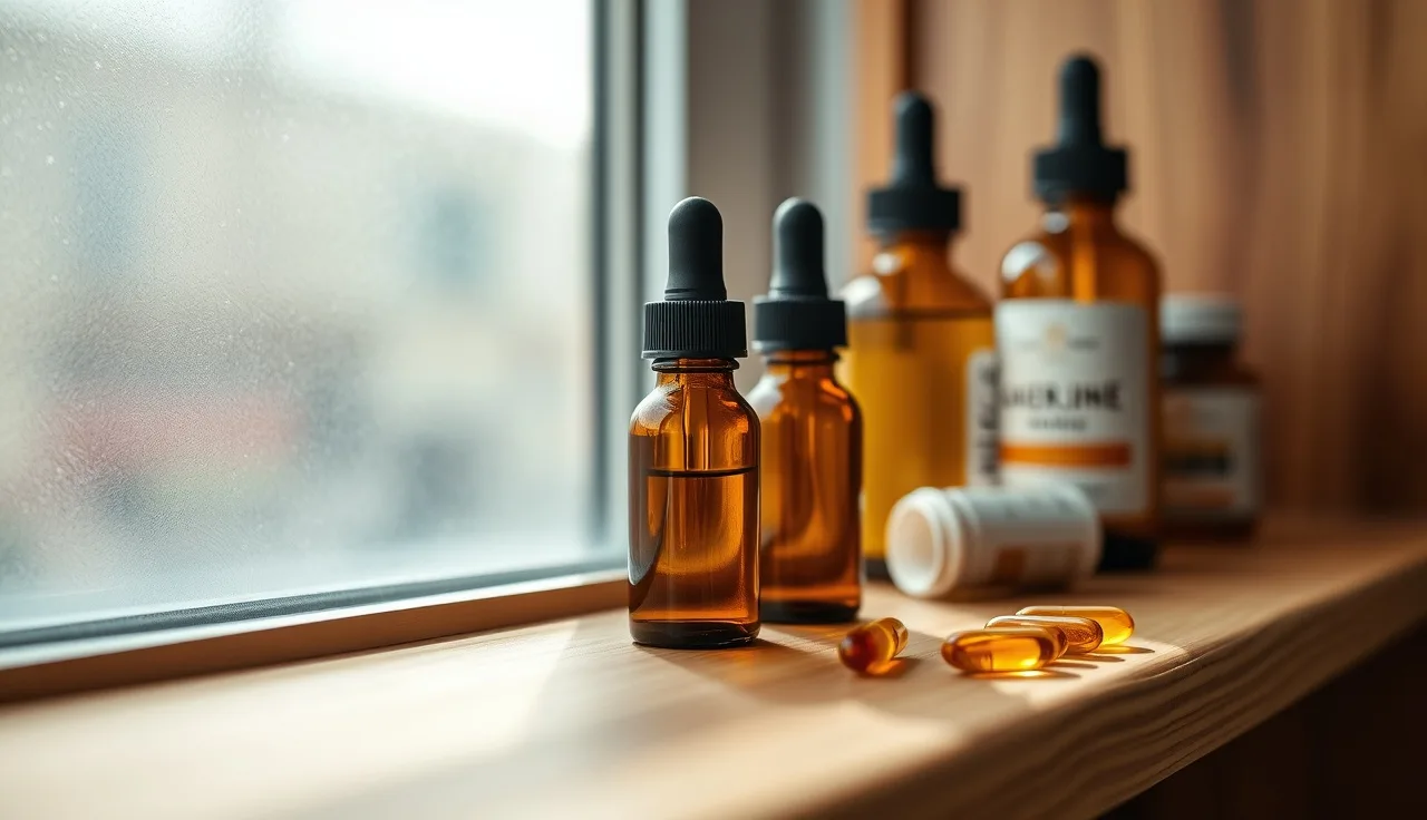 Glass dropper bottles and capsules on a wooden shelf, natural DHT blocker options