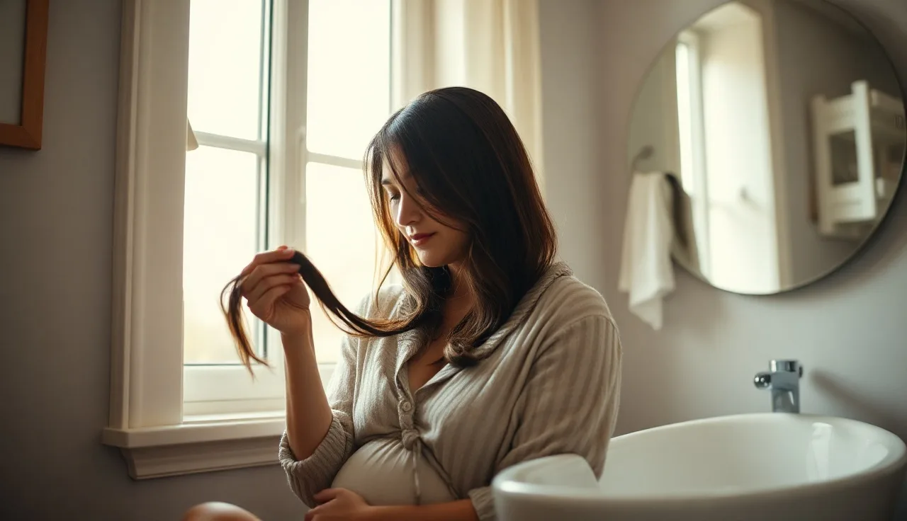 New mother examining hair loss in hand near a sunlit bathroom window