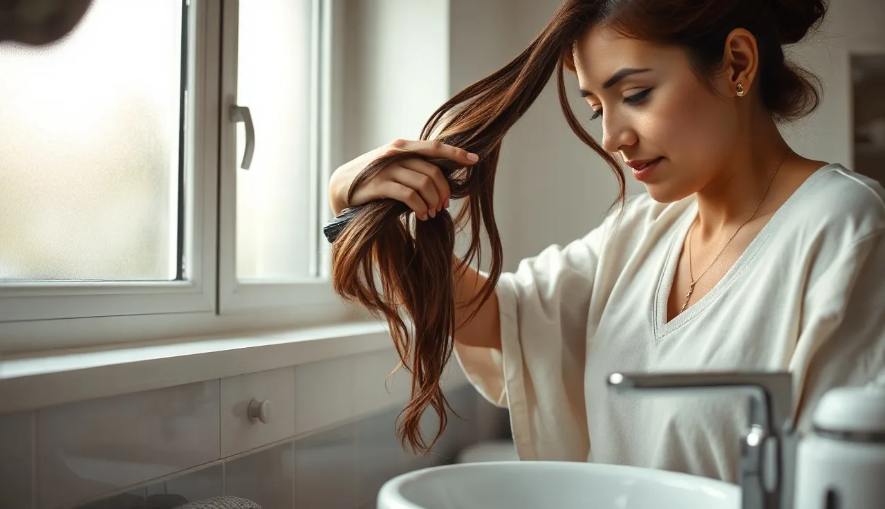New mother combing damp hair in a softly lit bathroom, loose strands visible on the counter