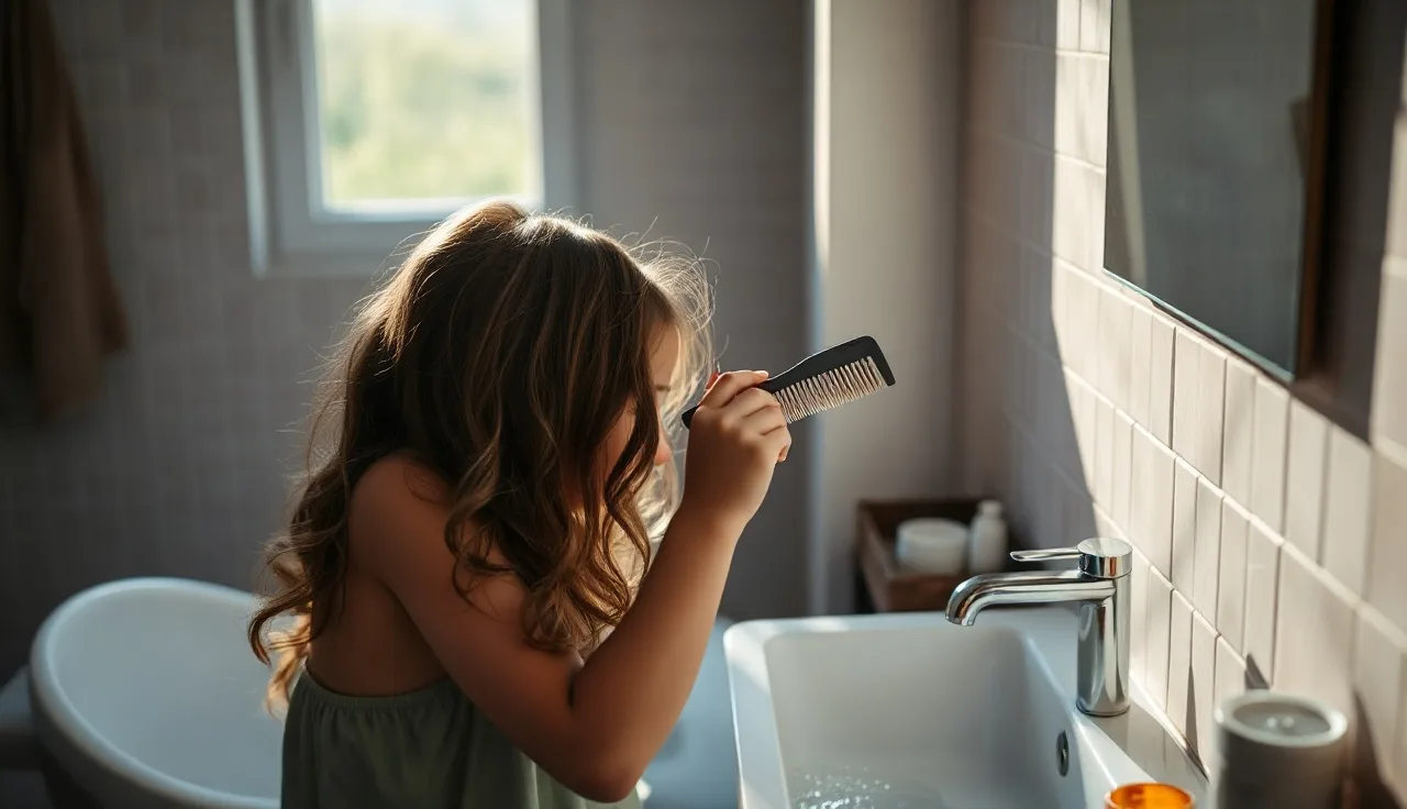 New mother combing damp hair near a bathroom sink with loose strands visible