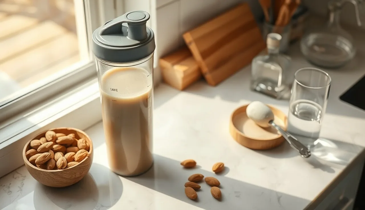 Protein shaker bottle and nuts on a kitchen counter in morning light