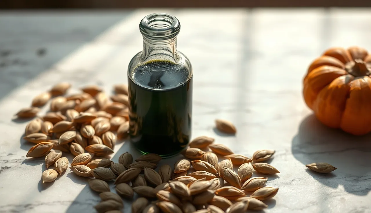 Dark green pumpkin seed oil in a small glass bottle beside raw seeds on marble