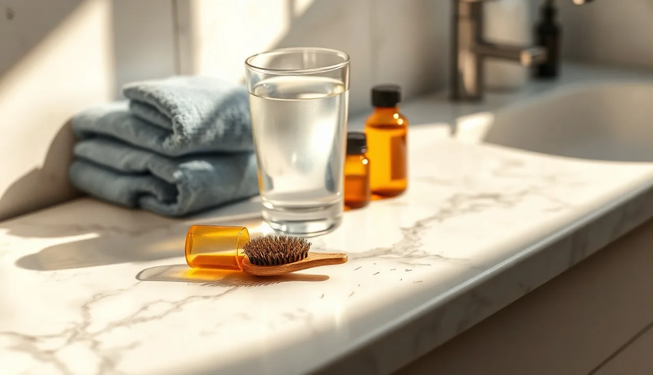 Bathroom counter with hairbrush and amber bottles illustrating DHT shampoo research