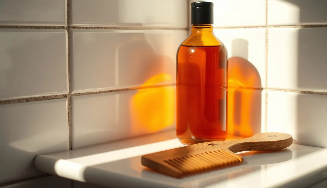 Amber shampoo bottle on a white tile bathroom shelf in morning light
