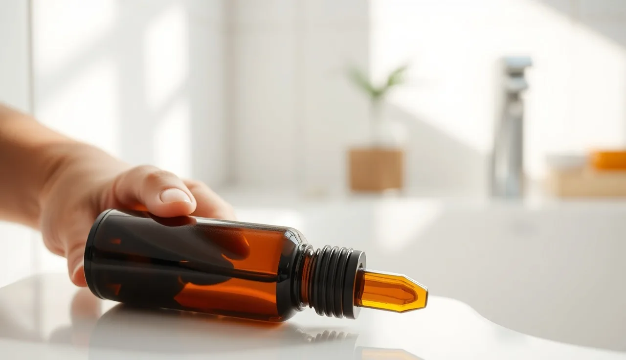 Two topical minoxidil dropper bottles on a bathroom counter, one tipped over