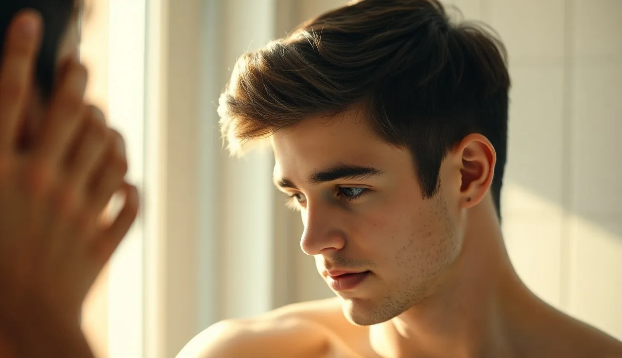 Young man examining his receding hairline in a bathroom mirror