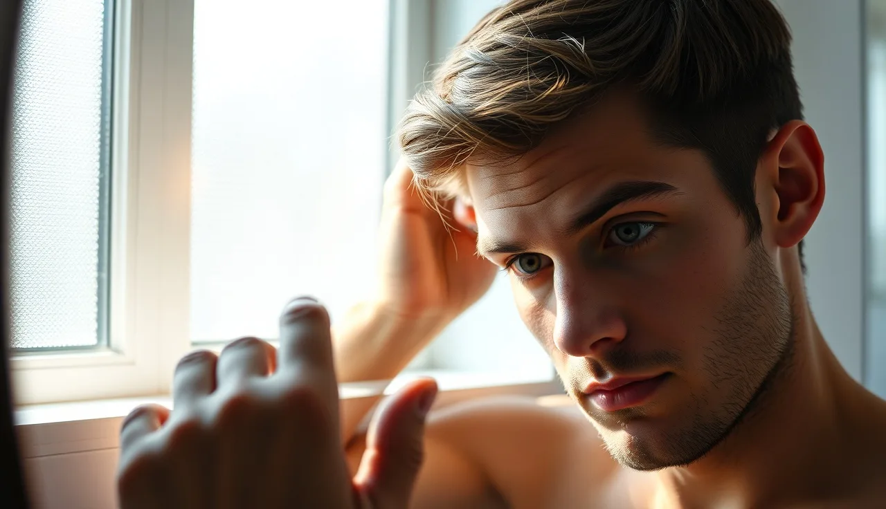 Man in his late twenties examining receding hairline corners in a bathroom mirror