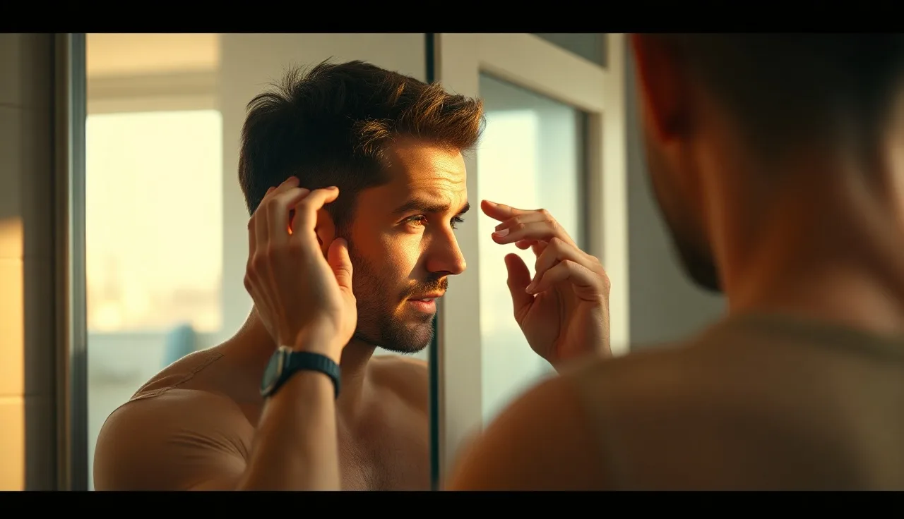 Man examining receding hairline in bathroom mirror under warm morning light