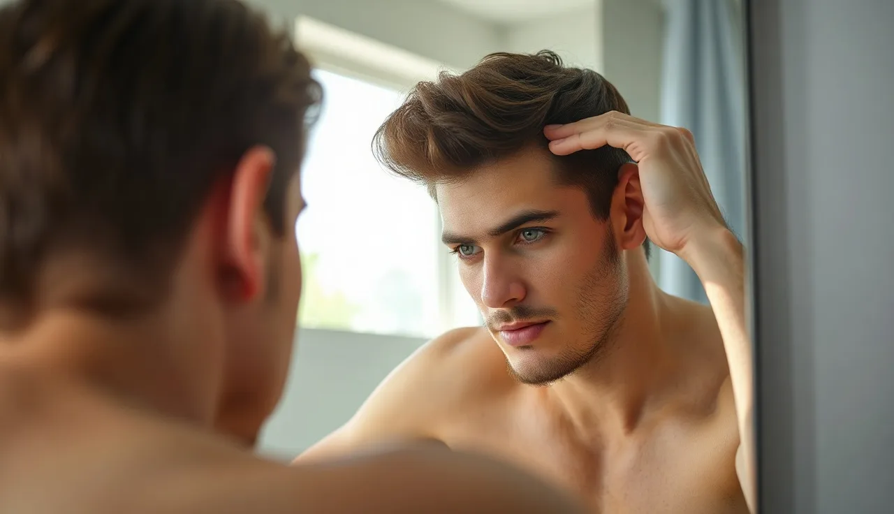 Man examining his receding hairline in a bathroom mirror in natural light