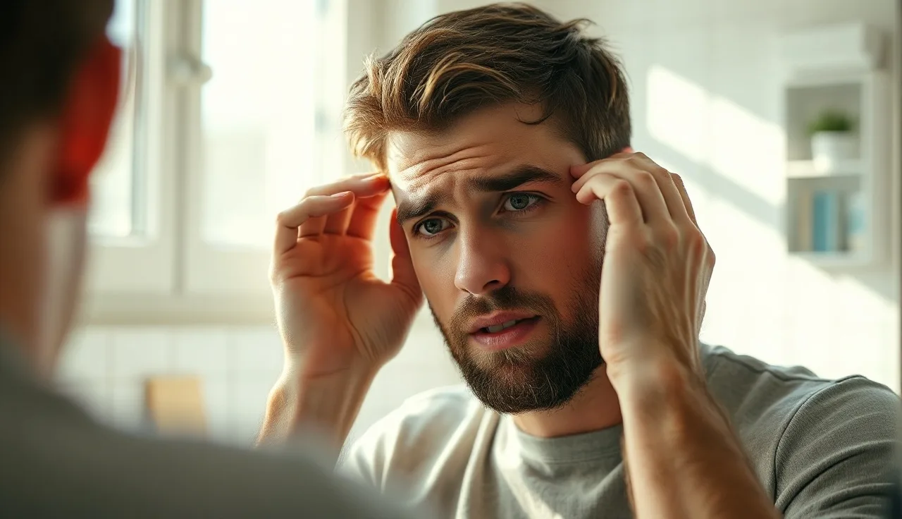 Young man examining receding hairline temples in bathroom mirror