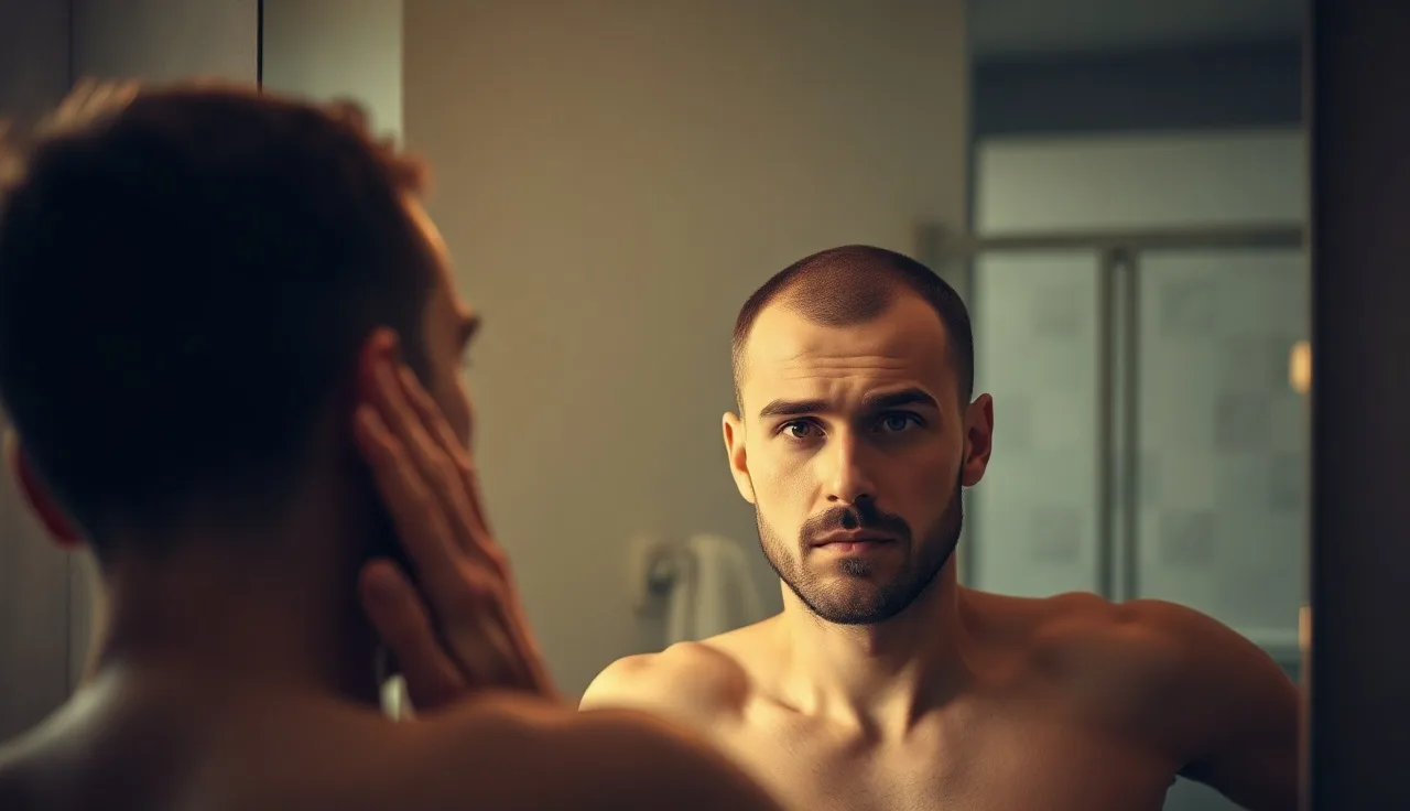 Man examining a receding hairline in a bathroom mirror under morning light