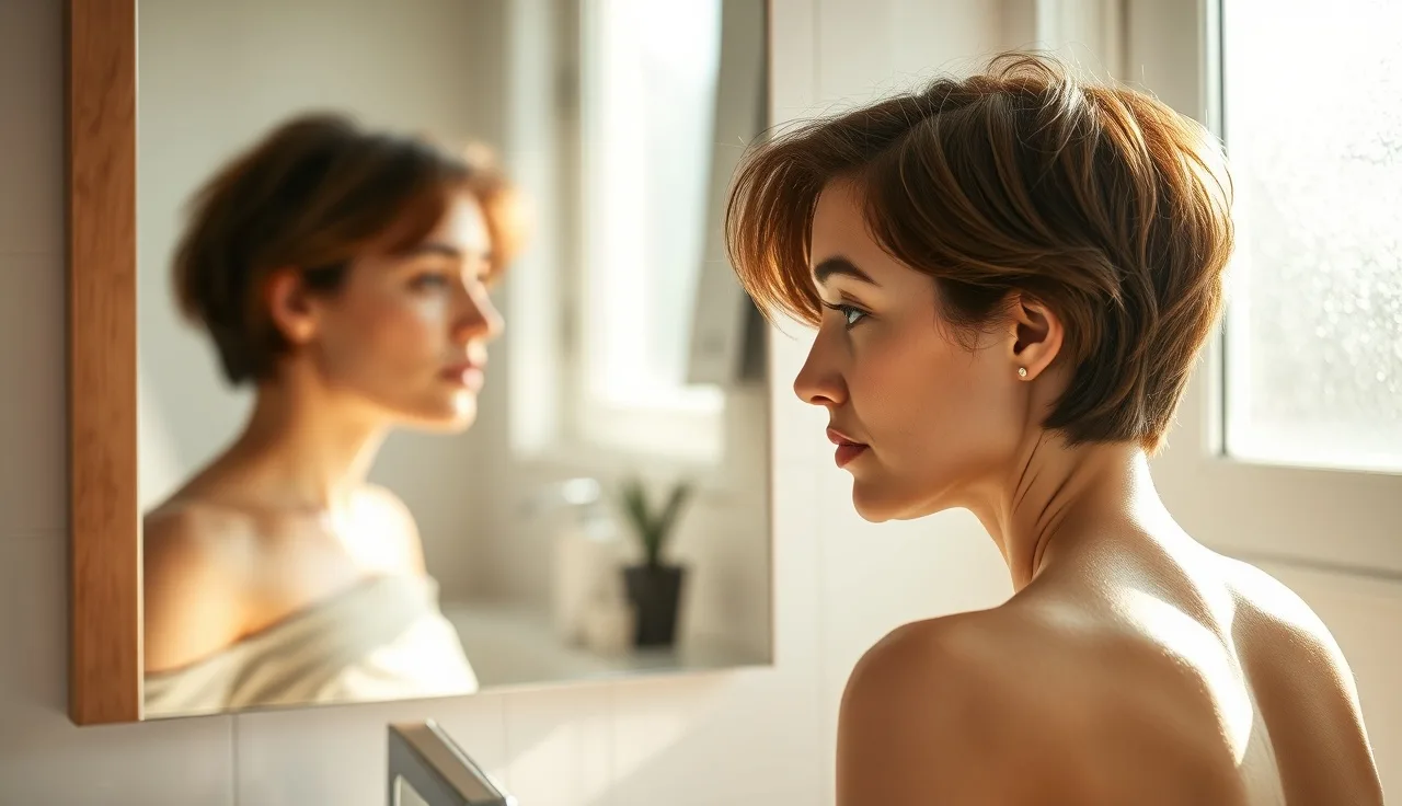 Woman examining short new hair regrowth at her hairline in a bathroom mirror