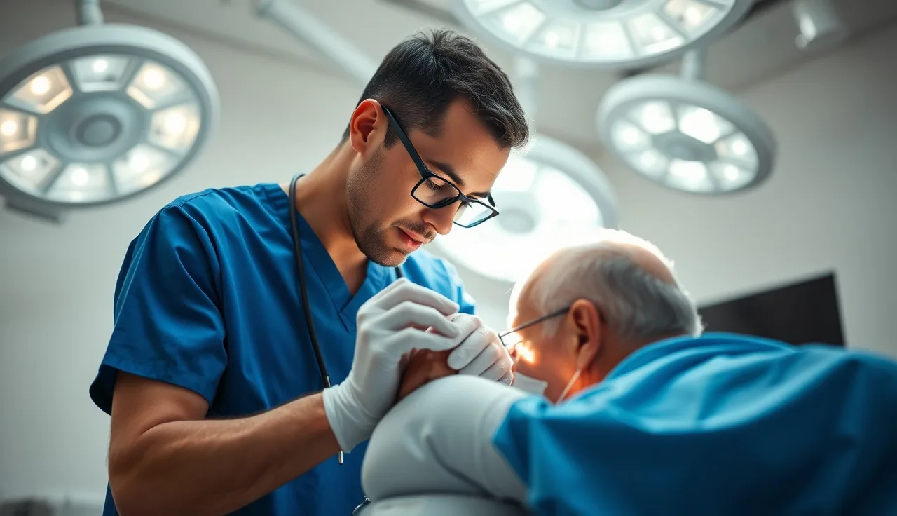 Surgeon examining patient scalp before robotic hair transplant procedure