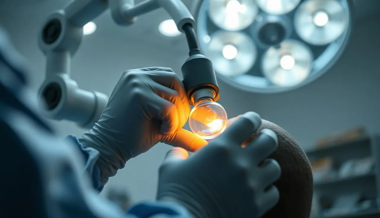 Surgeon guiding a robotic arm near a patient's scalp during a hair transplant procedure