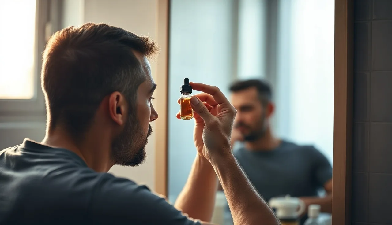 Man applying liquid minoxidil with a dropper to his thinning scalp in bathroom morning light
