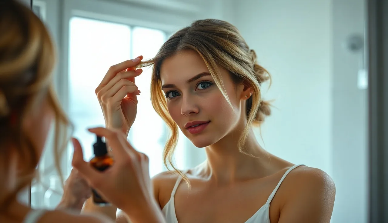 Woman examining her scalp in bathroom mirror for telogen effluvium hair shedding