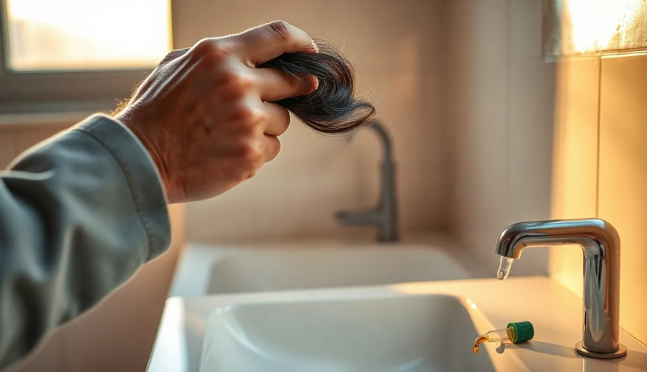 Man parting hair at crown near bathroom sink with minoxidil dropper bottle