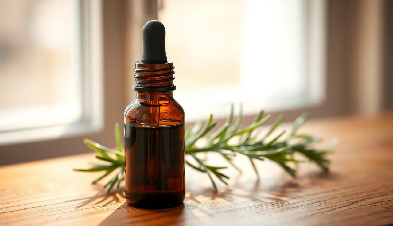 Glass dropper bottle of rosemary oil beside fresh rosemary sprig on wood surface