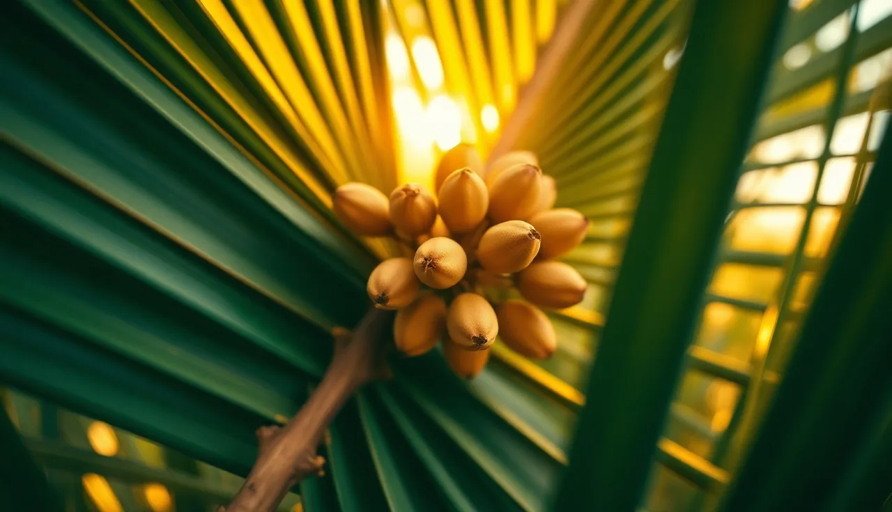 Ripe saw palmetto berries on a palm frond in warm afternoon sunlight