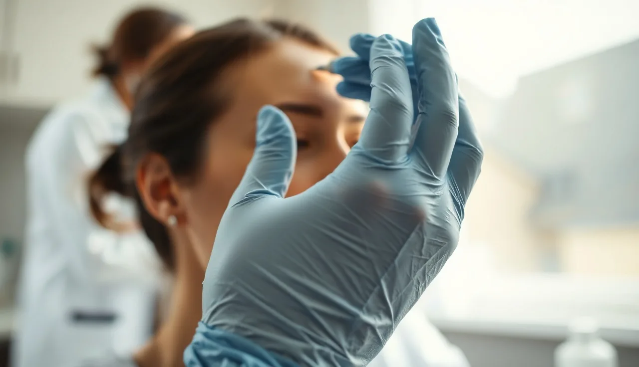 Dermatologist examining a woman's scalp with gloved hands under clinical lighting