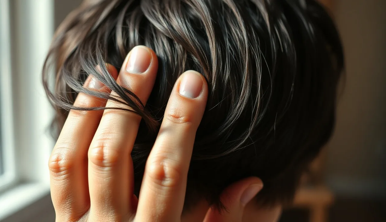 Fingertips performing a gentle scalp massage on short dark hair in natural light