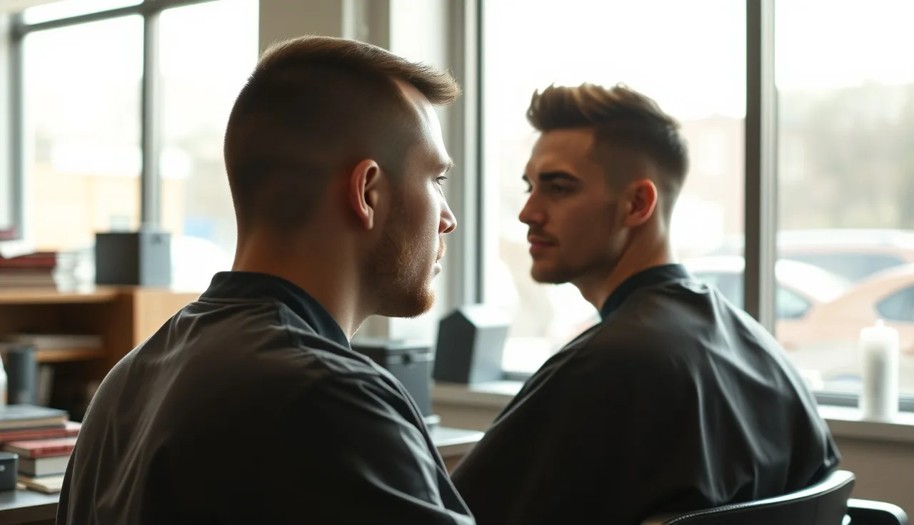 Two men comparing short hair and shaved head looks in a barbershop mirror