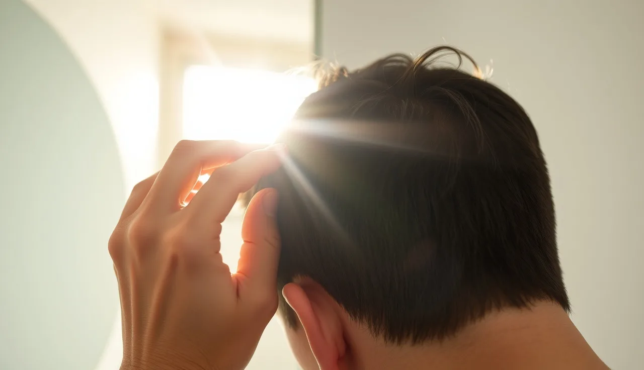 Person examining itchy scalp in bathroom mirror, hair loss concern visible
