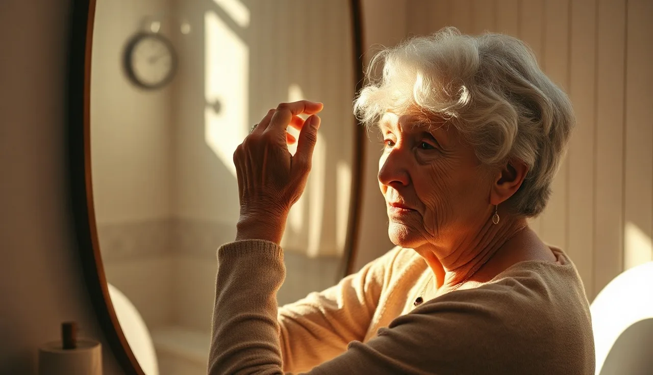 Senior woman examining hair thinning at crown in bathroom mirror