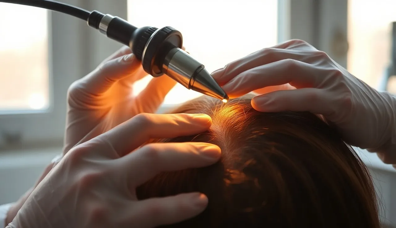 Dermatologist examining patient scalp for severe alopecia areata hair loss