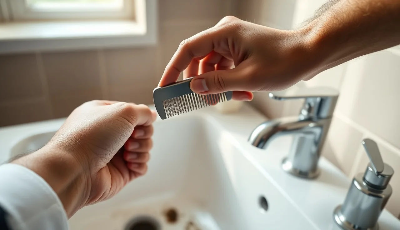 Shed hairs in a bathroom sink beside a comb during finasteride treatment