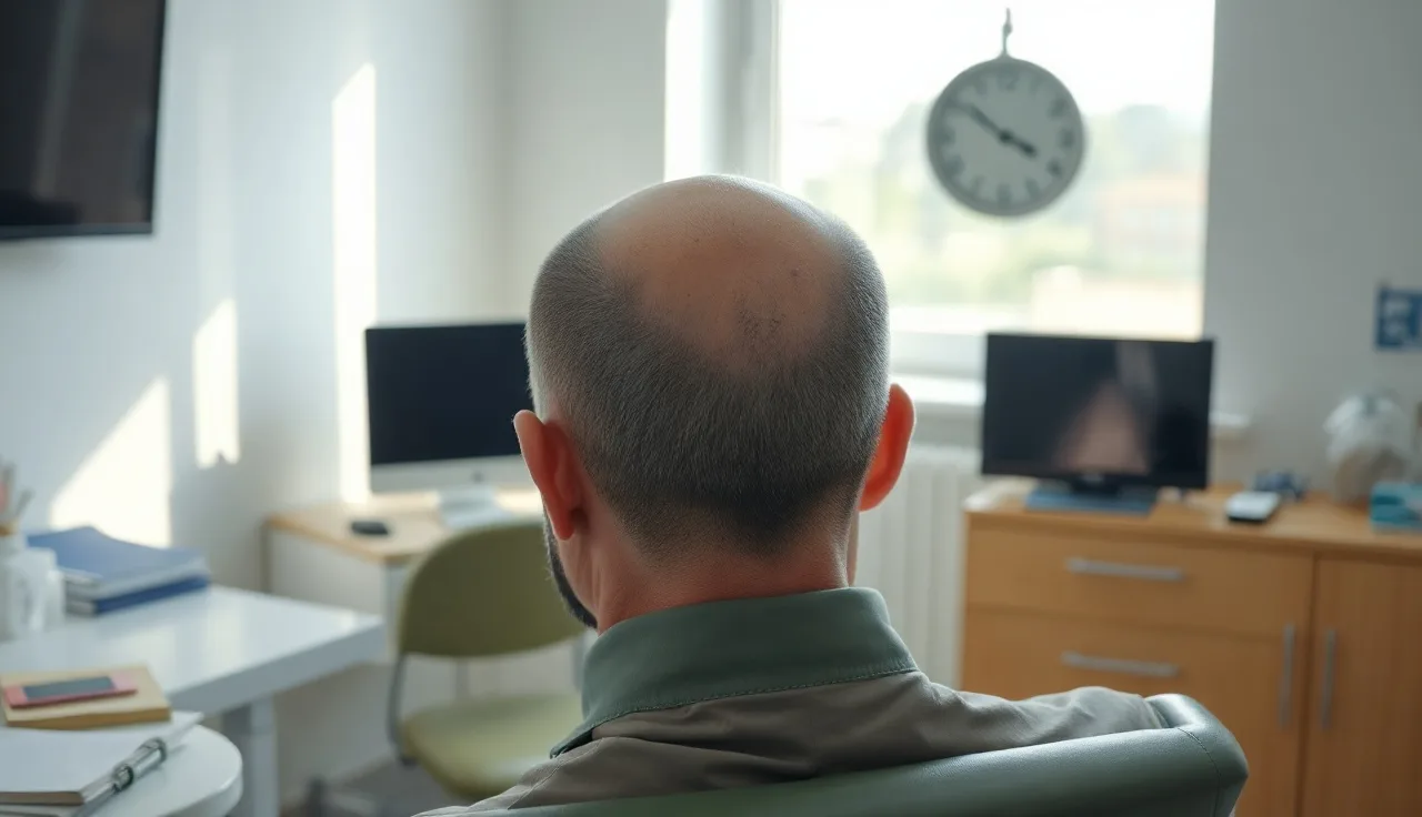 Man with healing hair transplant marks examined under soft clinical window light