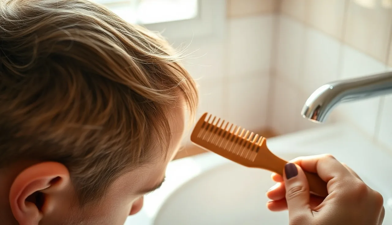 Person examining scalp hair loss in bathroom mirror with comb and shed hairs in sink