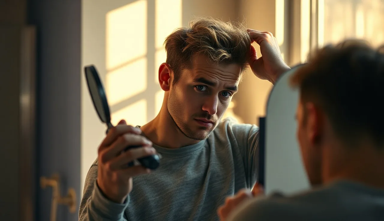 Young man examining his receding hairline closely in a bathroom mirror
