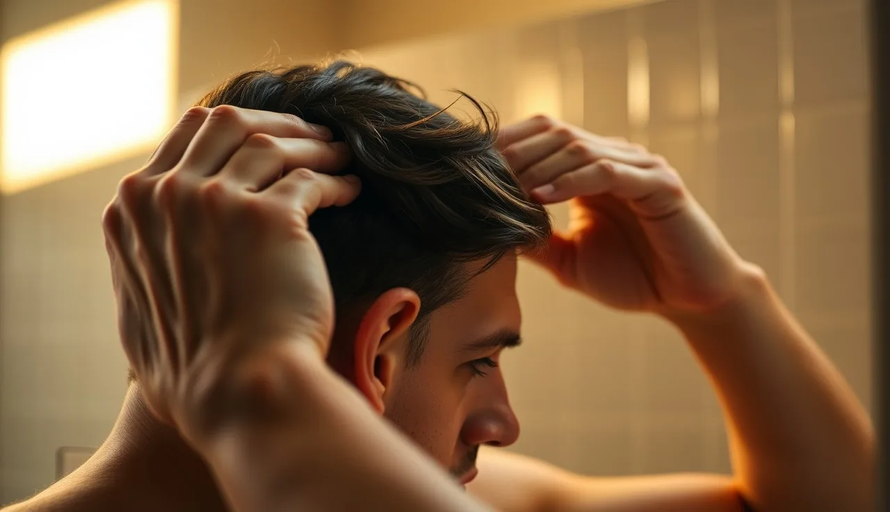 Young man checking his receding hairline in a bathroom mirror