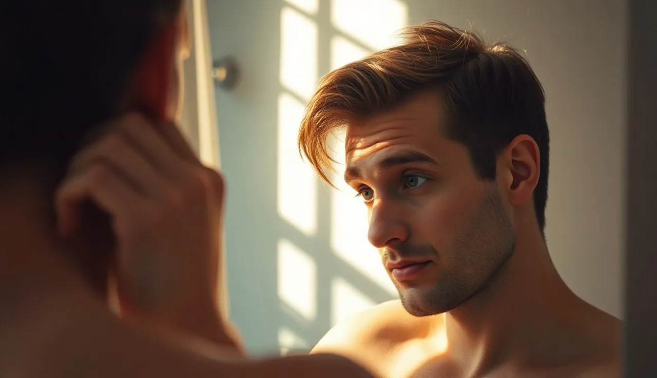 Man in his late 20s examining his receding hairline in a bathroom mirror