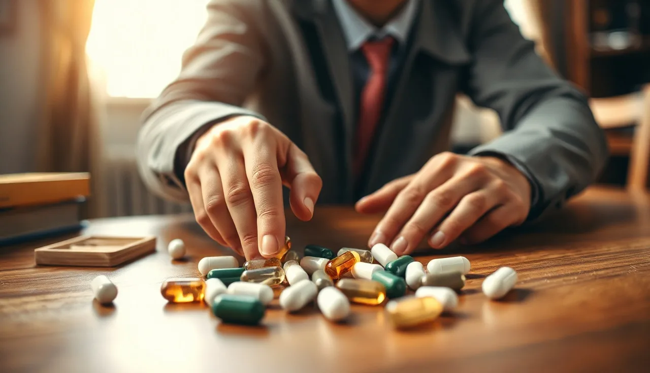 Man examining supplement capsules on a wooden table in morning light