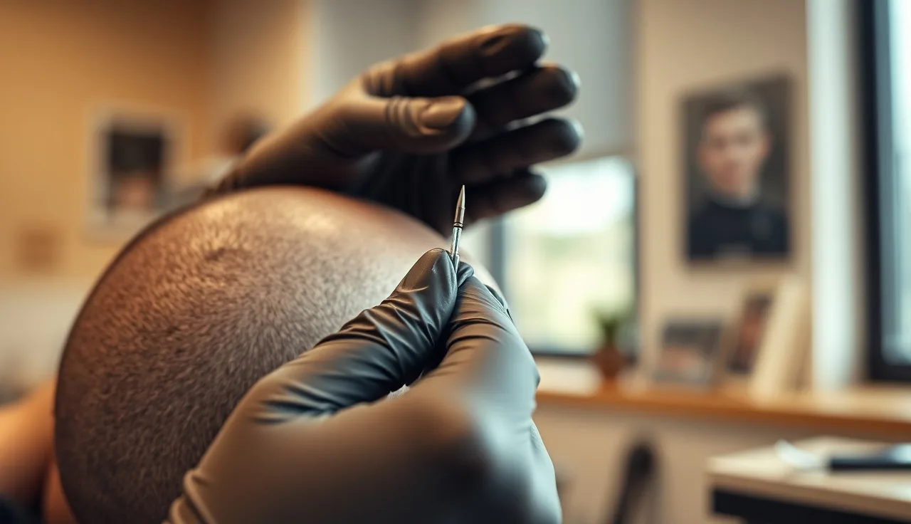 Practitioner holding micropigmentation needle above a bald scalp in a clinic