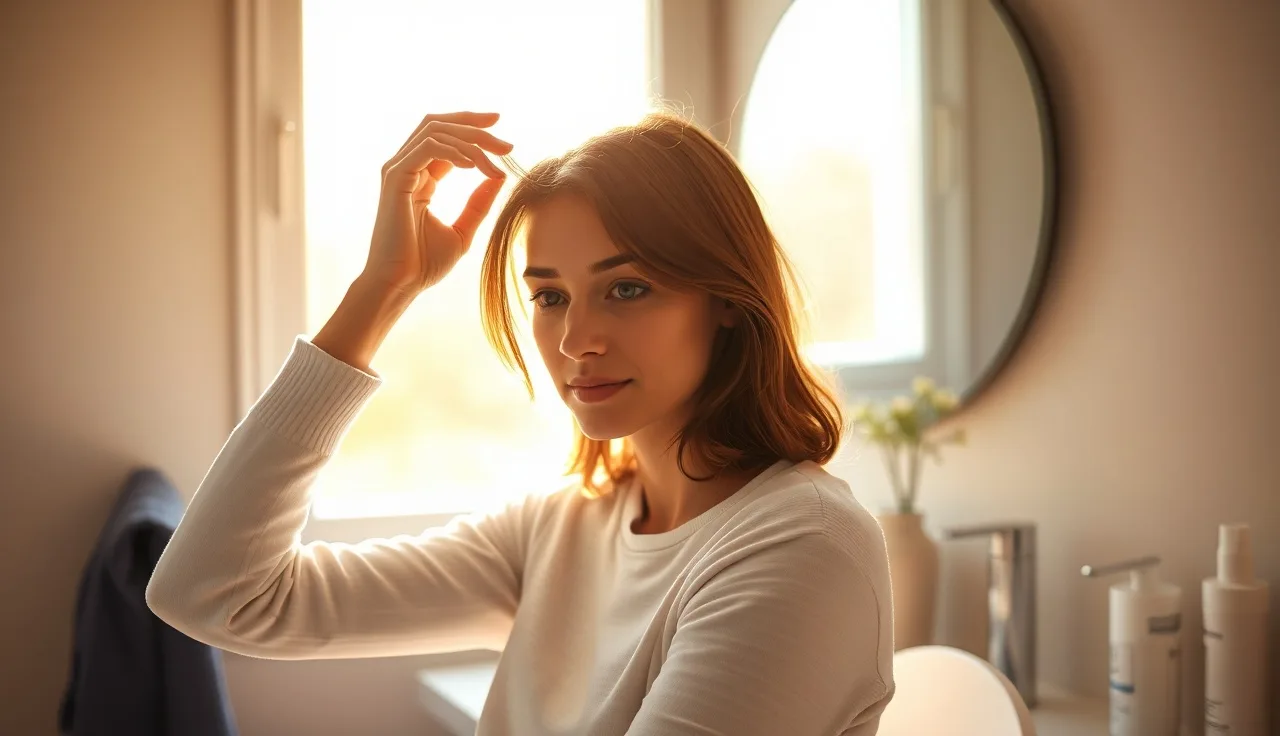 Woman examining her scalp in a mirror for signs of female hair loss