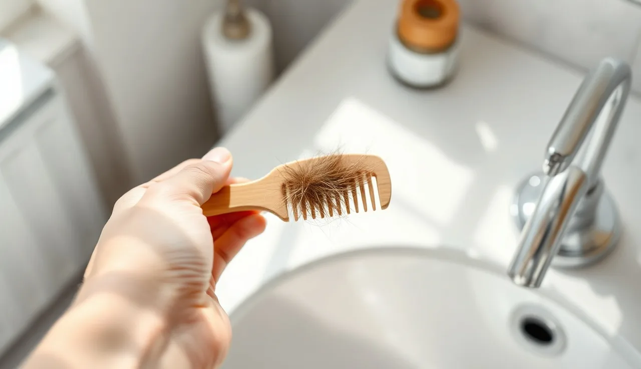 Woman's hand holding a comb with shed hair, representing female hair loss from statins