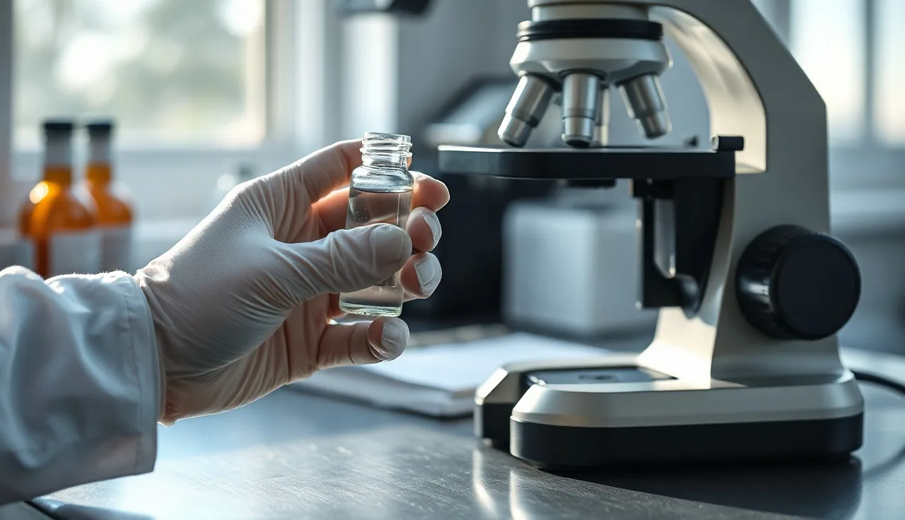 Researcher holding a glass vial beside a microscope studying hair regrowth compounds