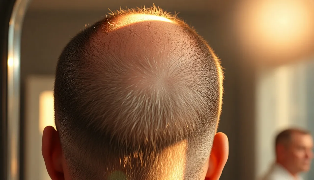 Man examining thinning hairline in bathroom mirror, showing male pattern alopecia