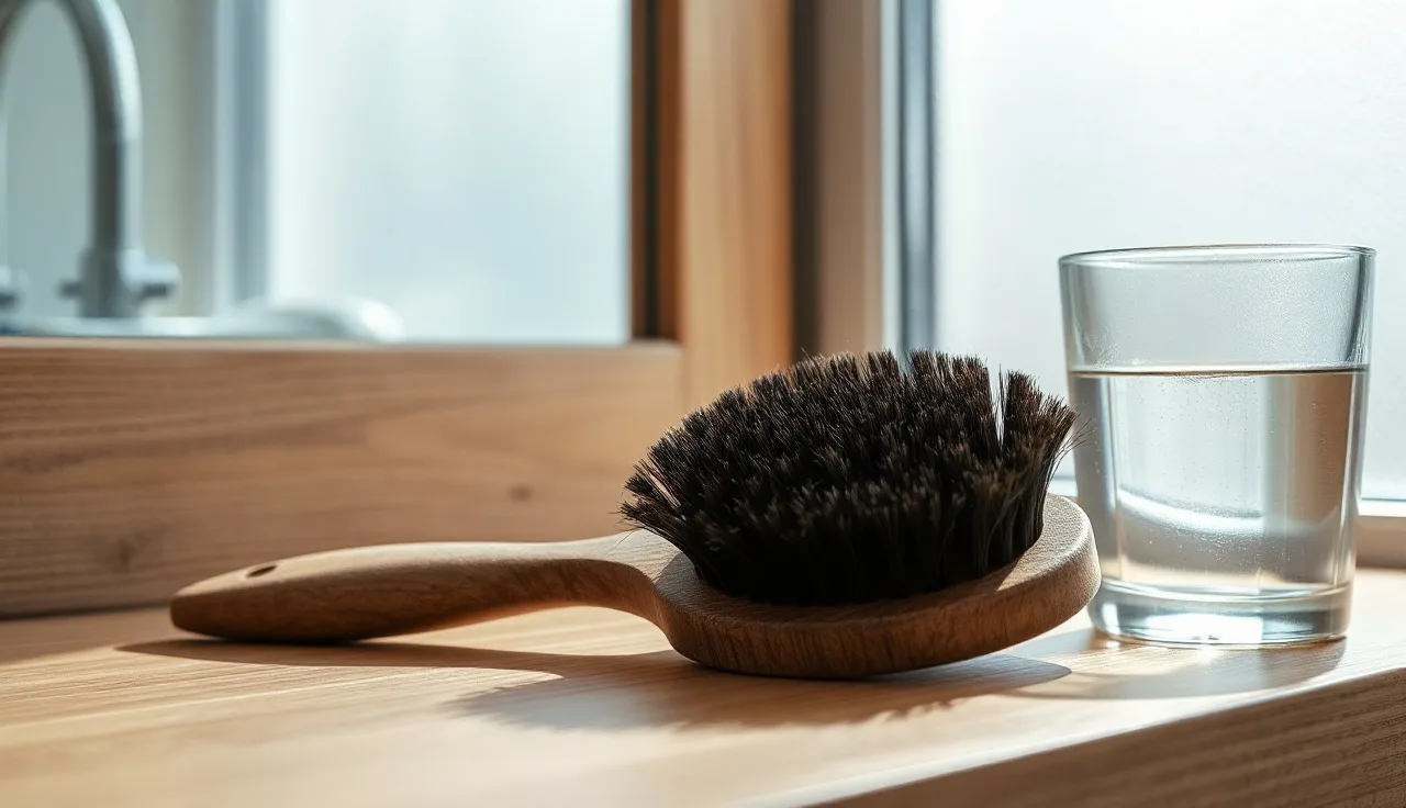 Shed hairs on a bathroom brush beside a glass of water in morning light