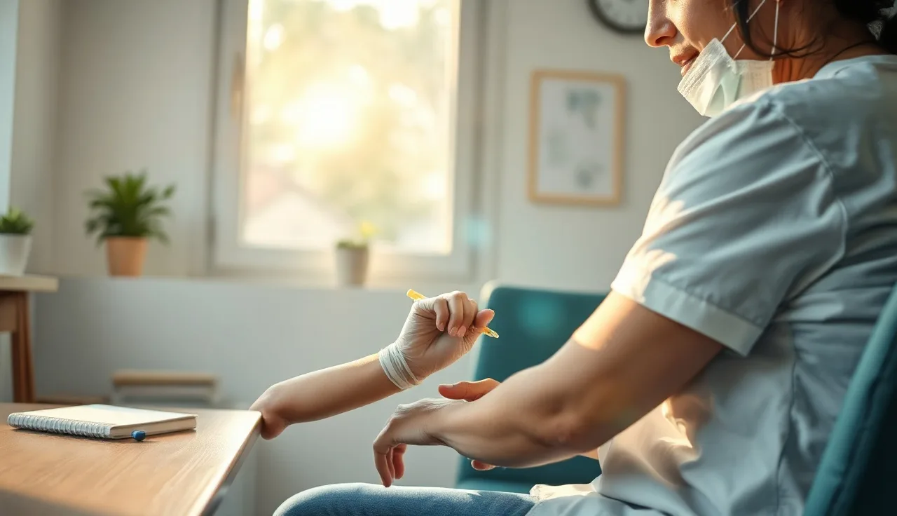 Blood donation being drawn from a woman's arm in a clinic, telogen effluvium risk context